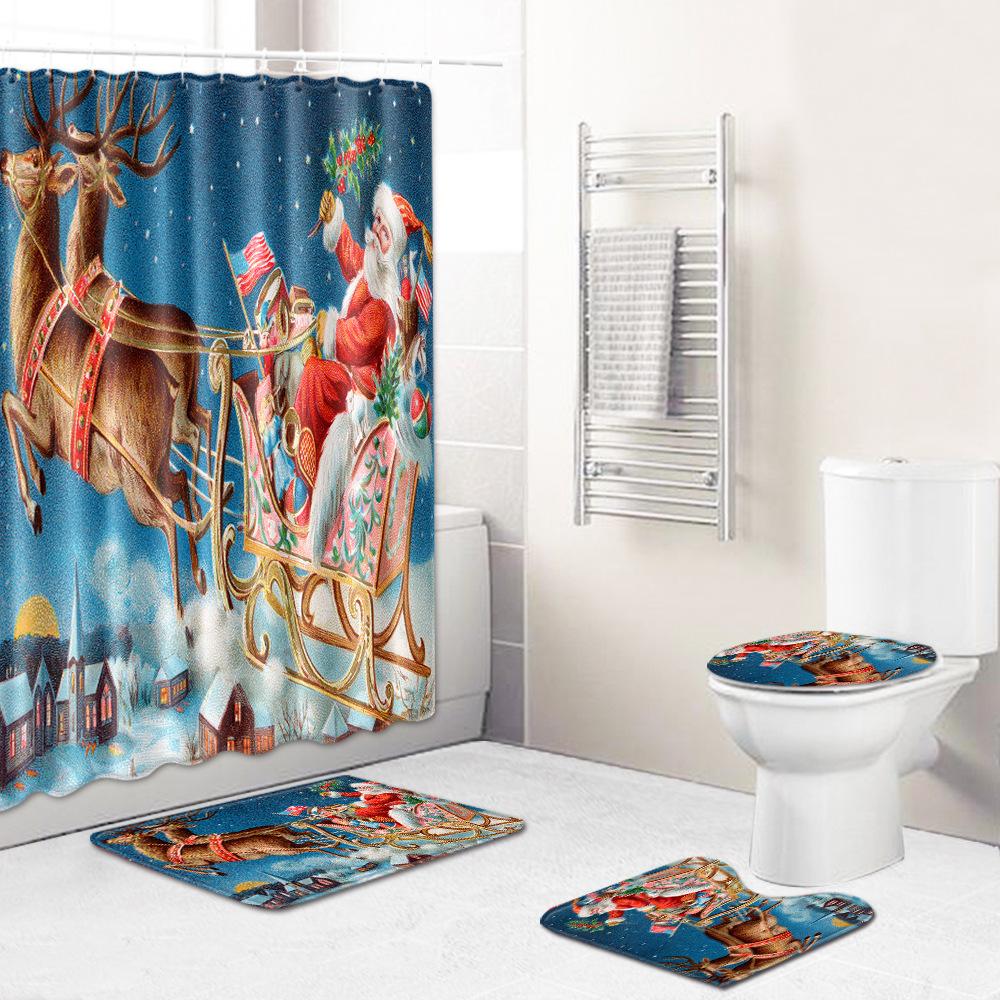 Christmas Toilet Seat Shower Curtain Four-Piece Printed Floor Mat Set Bathroom Floor Mat Bedroom Absorbent Door Mat Carpet