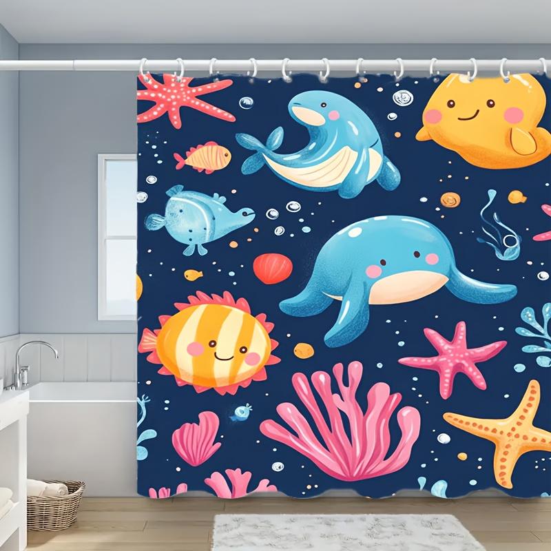 

A Cartoon Ocean Animal Patterned Shower Curtain Made Of Durable Polyester Material, Easy To Care For, Perfect For Bathroom Decor W60H190(CM)-1 Pcs