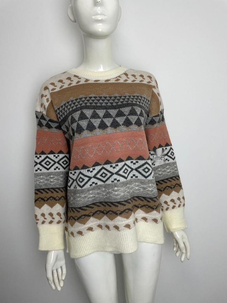 Women's Retro Color Block Christmas Knitted Pullover Sweater