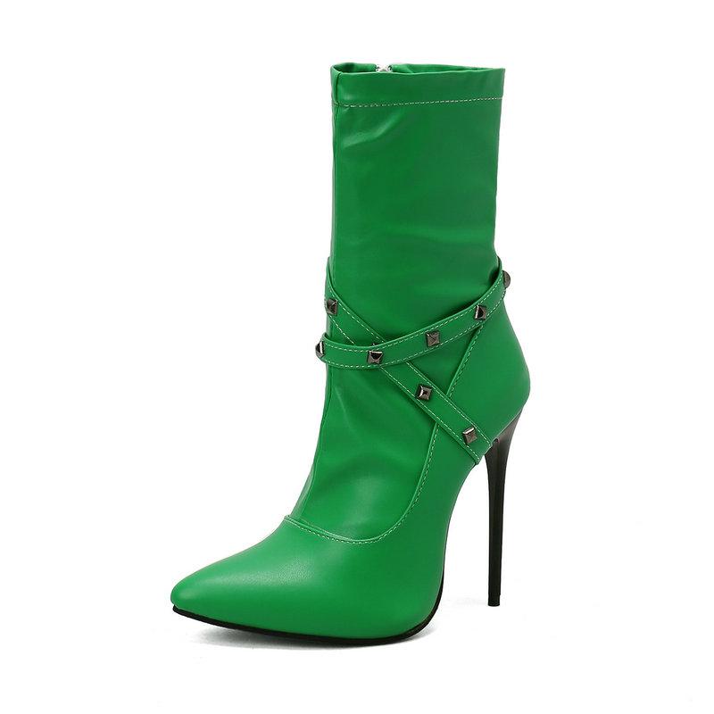 Fashion Stiletto Ankle Boots Women 12cm High Heels PU Fashion Autumn Winter Large Size 34-48 Pointed Toe Rivets Decorate Shoes