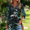 Womens V Neck Three Quarter Sleeve Floral Print Casual Loose Fit Top Comfortable Lightweight Blouse for Daily Wear Office and Travel