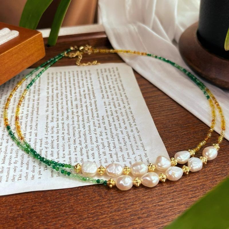 Gold Plated Gradient Green Yellow Tiny Crystal Bead Choker With Baroque Pearl