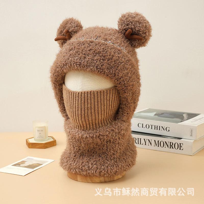 Cartoon Plush Mask, Ear Protection Cap, Women's Winter Thickened Neck Protection and Warm Knitted Hat, Cycling Cold-proof Headgear