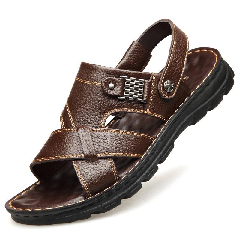 Sandals Men's Summer New Leather Casual Beach Shoes Slippers Soft Rubber Sole Top Layer Cowhide Fashion Trendy Shoes