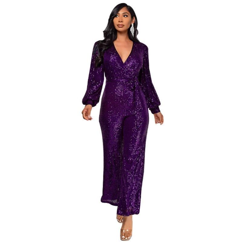 

V-neck Fashion Casual One-piece Long-sleeved Waist Sequined One-piece Women s Clothing XXXL фіолетовий