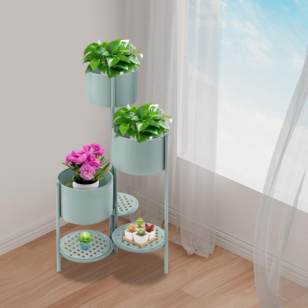 Corner Plant Stand for Indoor Plants, Shabby Chic Green Tiered Ladder Shelf, Vintage Iron Display Rack for Living Room Decor