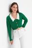 Women's Elegance Style Cardigan Green Super Crop Shirt Collar Knitwear Cardigan
