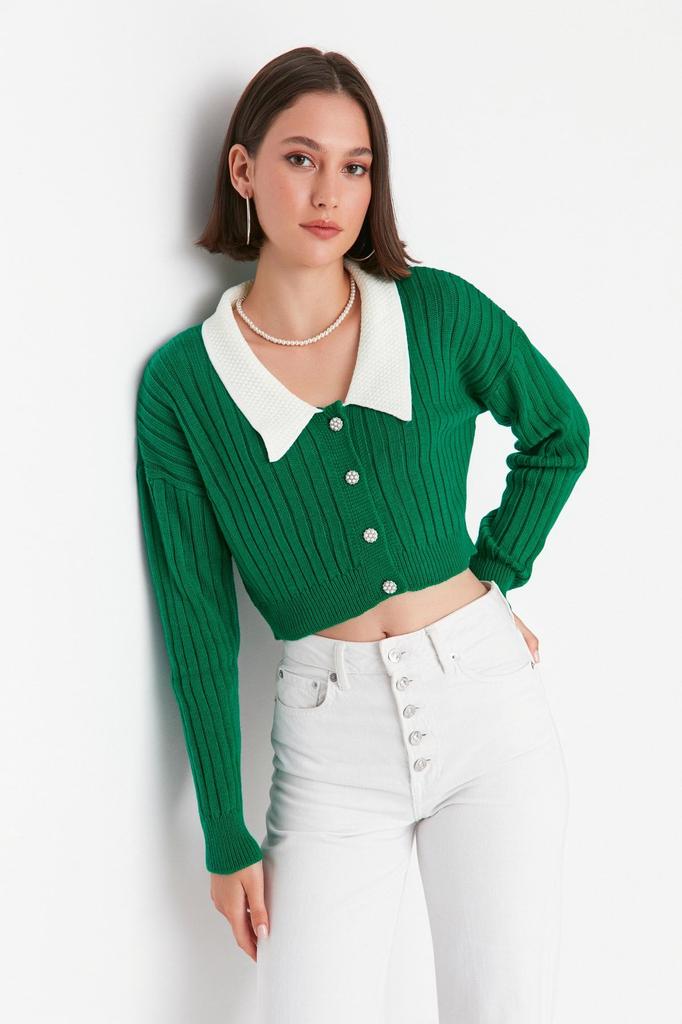 Women's Elegance Style Cardigan Green Super Crop Shirt Collar Knitwear Cardigan