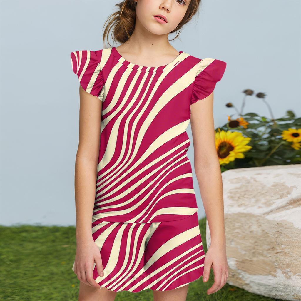 Summer Girls Cute Suit Flying Sleeves T-shirt Top + Ruffled Shorts Daily Outdoor Wear Cute Casual Fashion 2-Piece Set