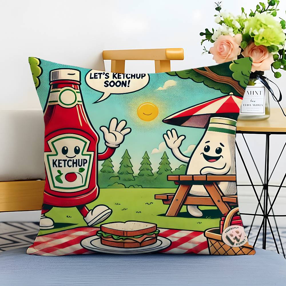 Cartoon Funny Ketchup Pattern Pillow Case Printed Brushed Fleece Pillow Baby Skin-Touch Eco-Friendly Dye-Sublimat