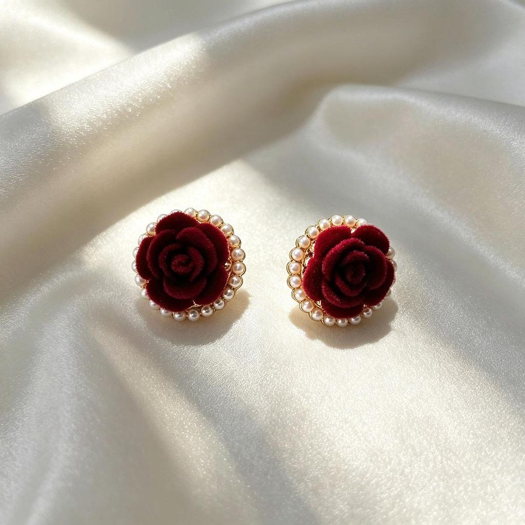 Ankara Red Flower Bead Stud Earrings for Women, Versatile Daily Temperament Unique Earrings, Korean Simple New Ear Accessory