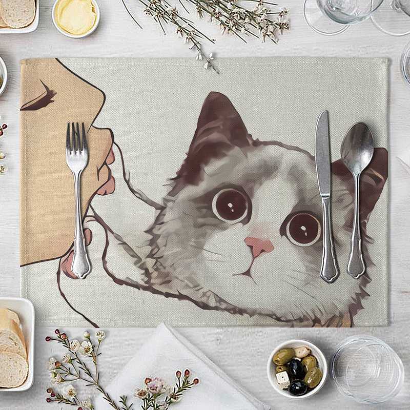 Cartoon Cat Placemat Cotton Linen Table Mat Kawaii Cats Animal Pattern Place Mats For Children Kids Kitchen Dinning Coaster Pad