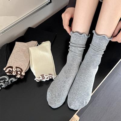 Ruche Sokken Dames Japanse Mode Effen Kleur Zwart Wit Grijs Lange Sokken Zoete Meisjes Lolita Kawaii Schattig Middelhoge Sokken Sokken