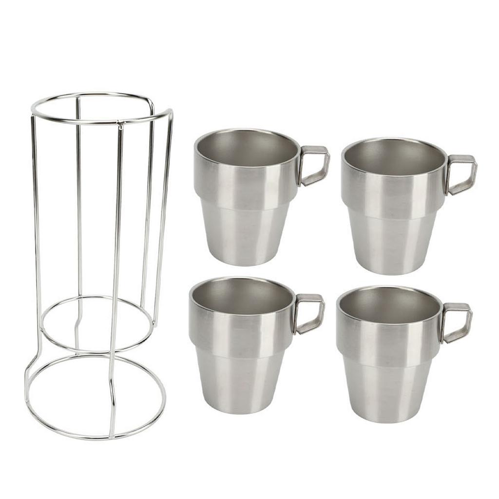 4PCS Camping Double Layer Cups Stainless Steel Food Grade Plastic Spraying Stackable Coffee Cup for Picnic Silver