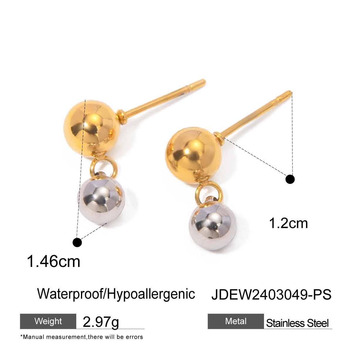 

18K Gold Stainless Steel Round Bead Earrings in European & American Style, Gold & Silver Color Matching, Fashion Trend Personality.