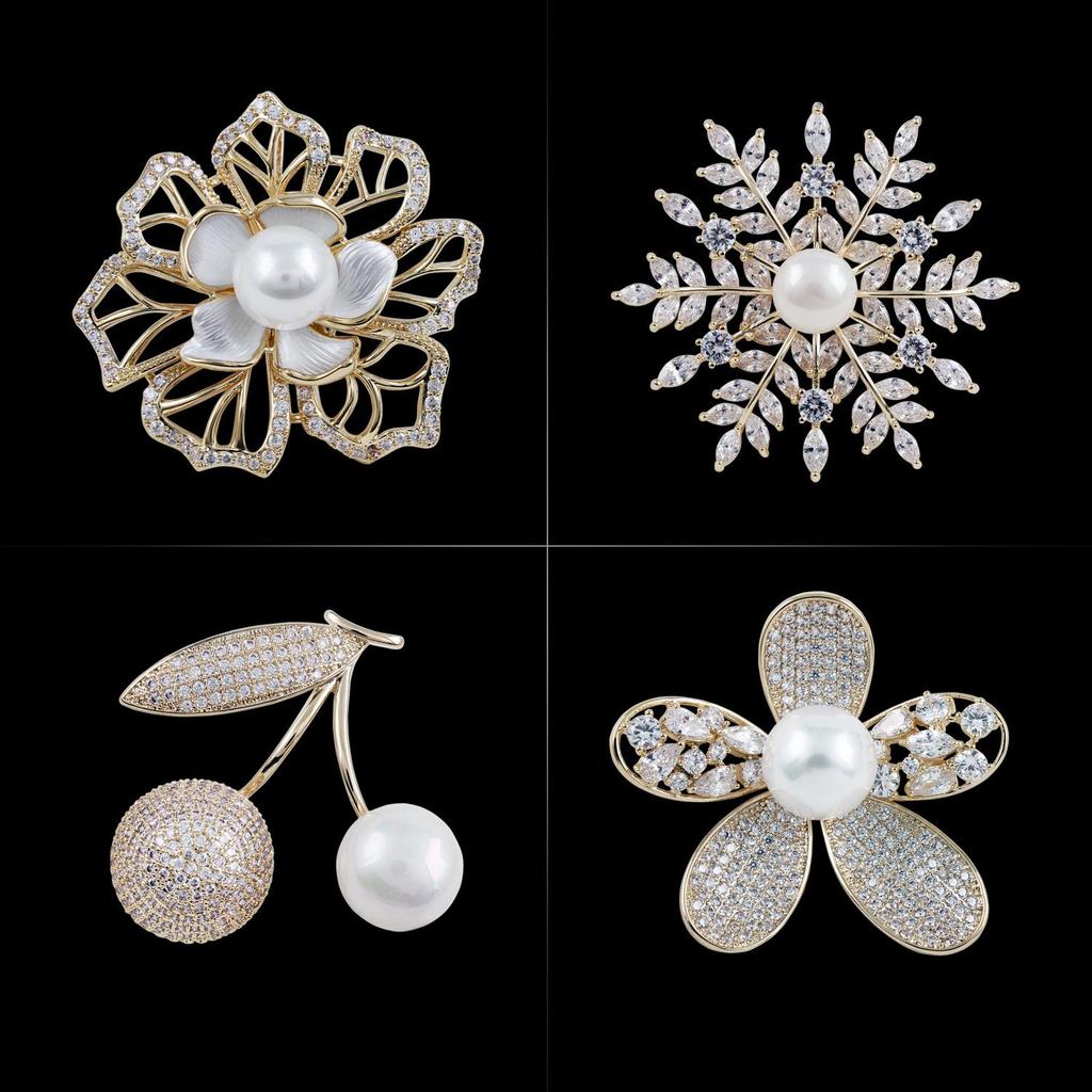 High-End Zircon-Inlaid Camellia Pearl Brooch for Women – Elegant Anti-Exposure Corsage Pin
