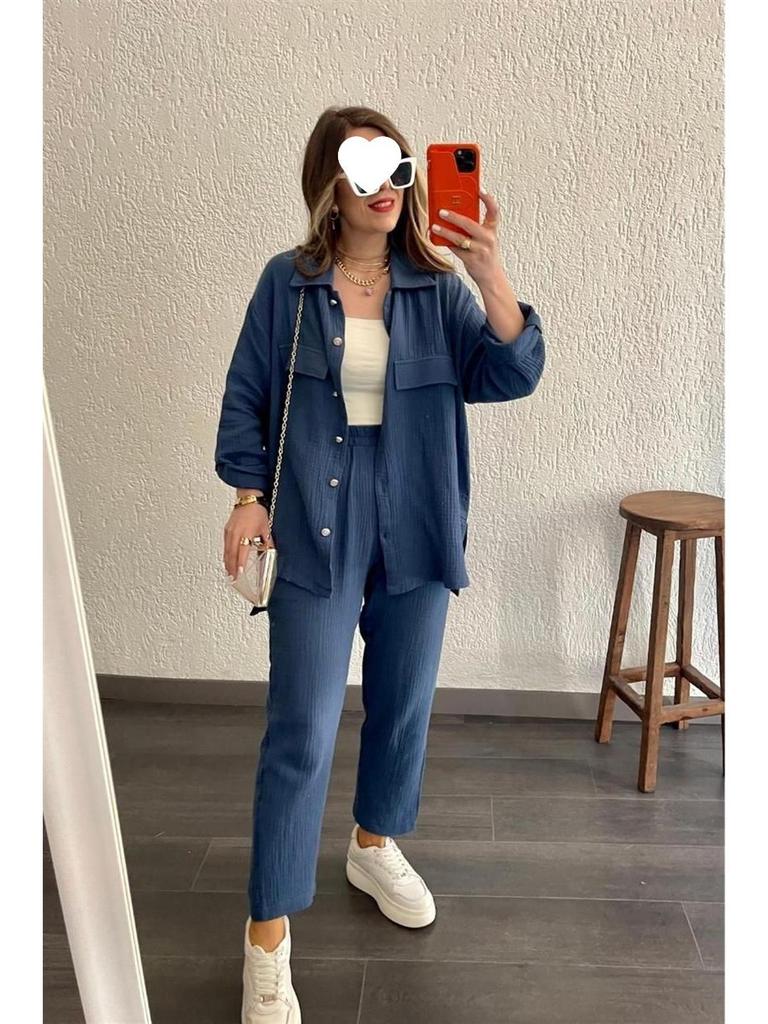 2024 Plus Size Women's Casual Crepe Loose Lapel Long Sleeve Shirt Set - European & American Style