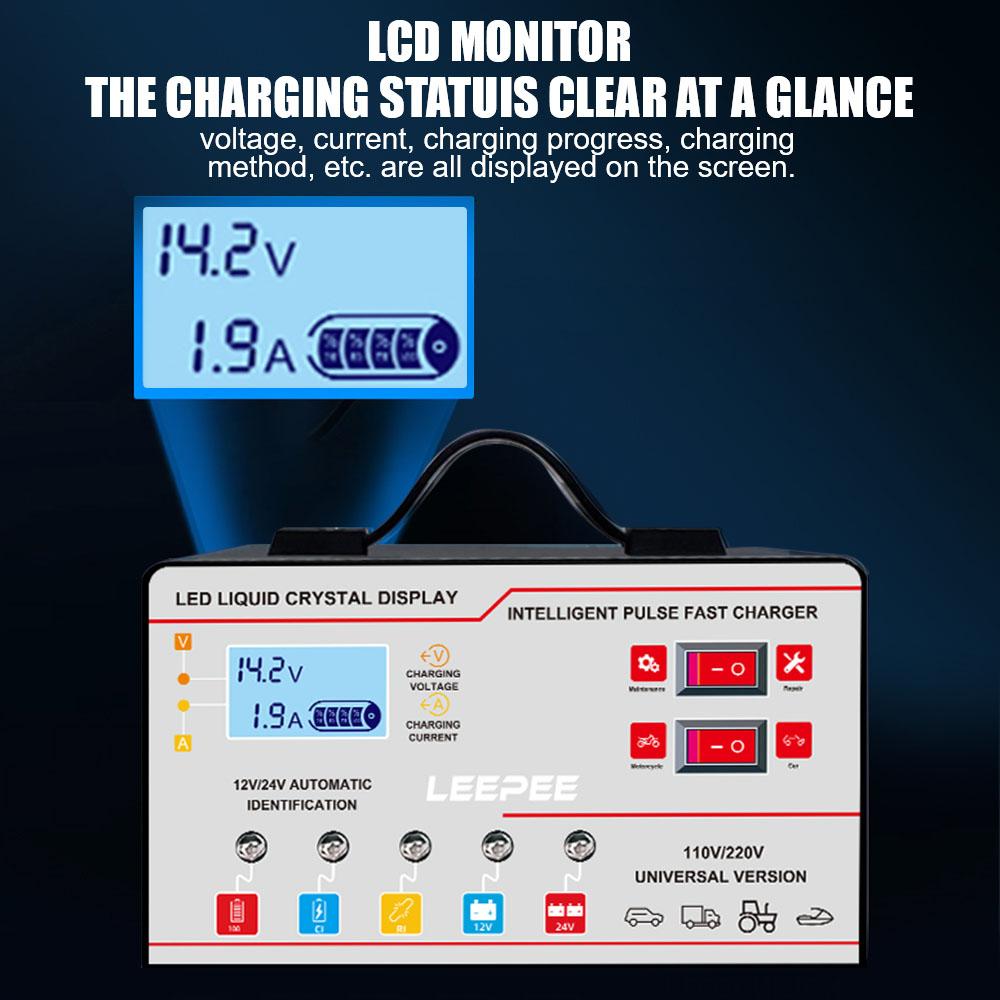 Multiple Protection 12V 24V 6A Overvoltage Protection Intelligent Pulse Repair Digital LCD Display Voltage Temperature Detection Car Battery Charger