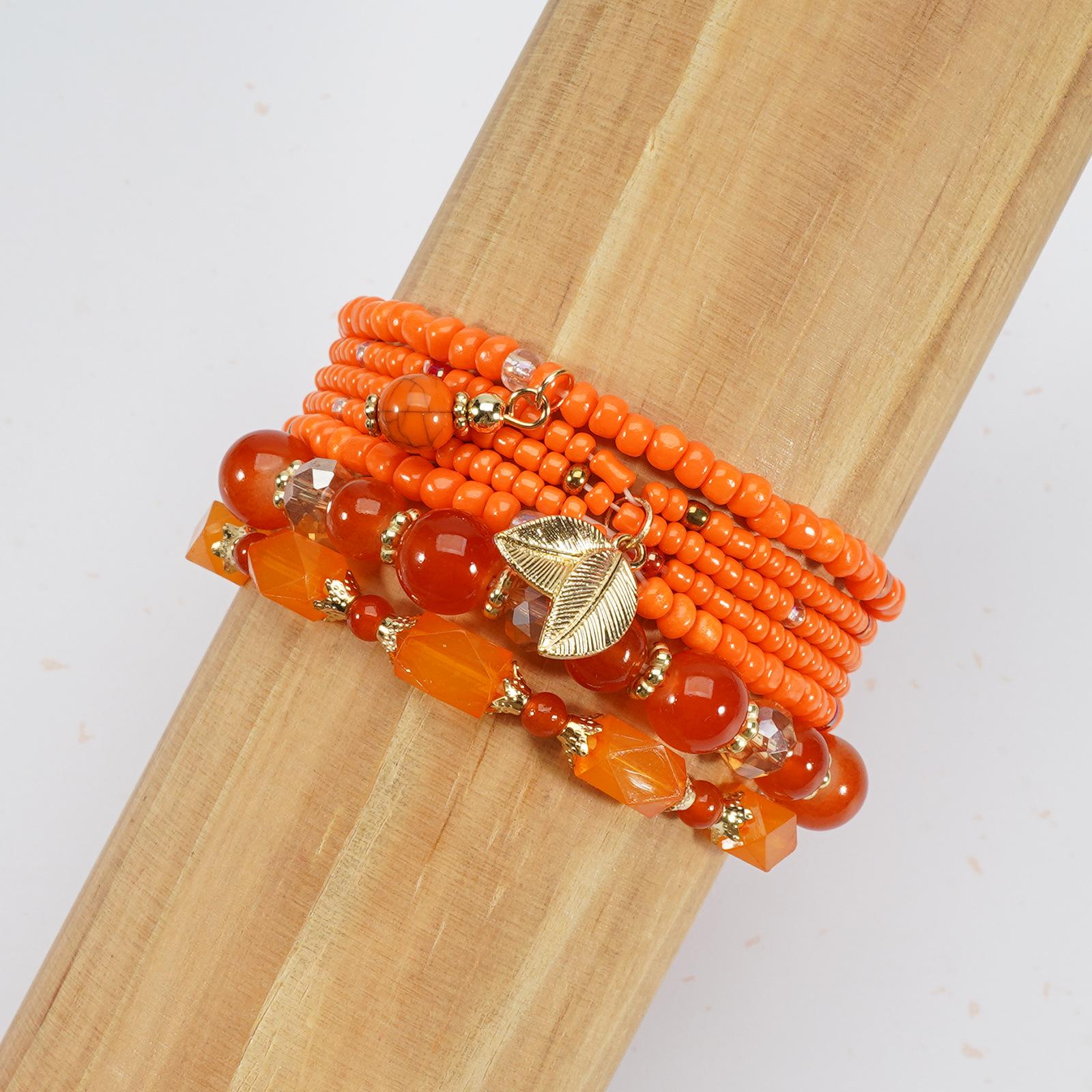 

Bohemian Multi-layer Seed Bead Bracelet Set with Leaf Pendant for Women оранжевый