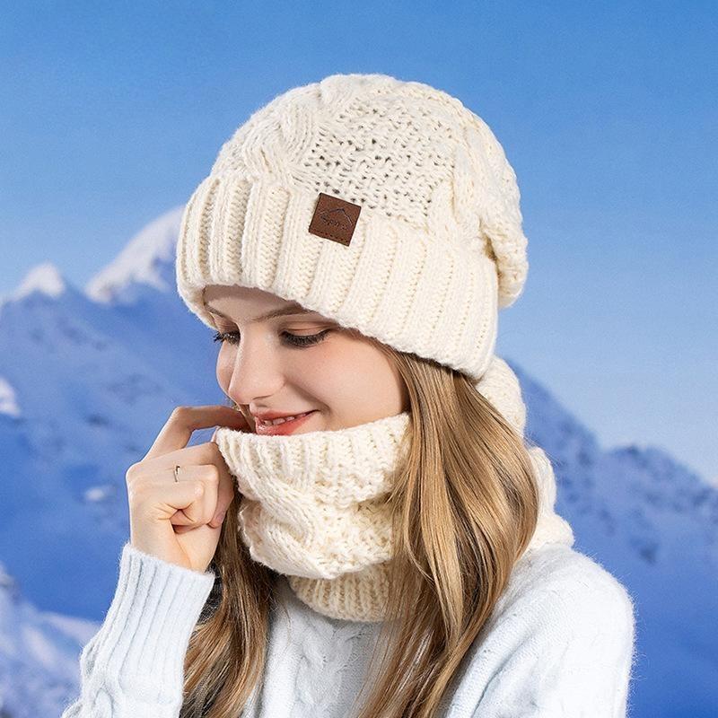 Sombreros europeos y americanos de invierno, bufandas, gorros de punto cálidos y a prueba de frío para mujer, protectores de orejas, tapones, gorros de lana