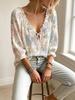 Women V-neck Drawstring Ruffle Puff Sleeve Printed Shirt, for Travel, Daily Casual Outfit