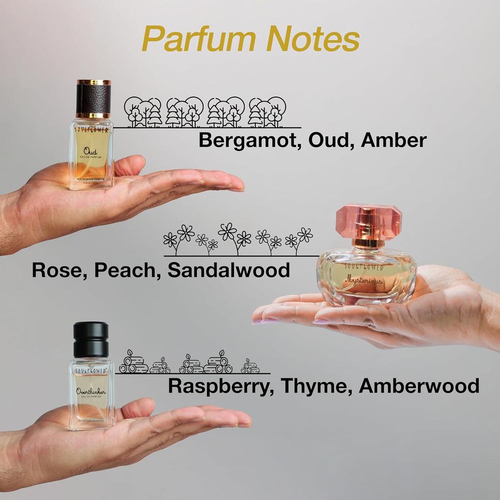 Luxury Perfume Gift Set for Men & Women | Oudh, Overthinker, Mystique |Saffron, Fresia, Peach, Woody, Floral|Refreshing,  | 100ml (Pack of 3)