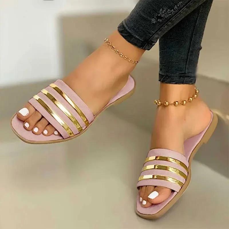 Women Slippers 2024 New Metal Striped Summer Flat Shoes Fashion Slip On Slides Outdoor Female Casual Women Sandals Plus Size 43