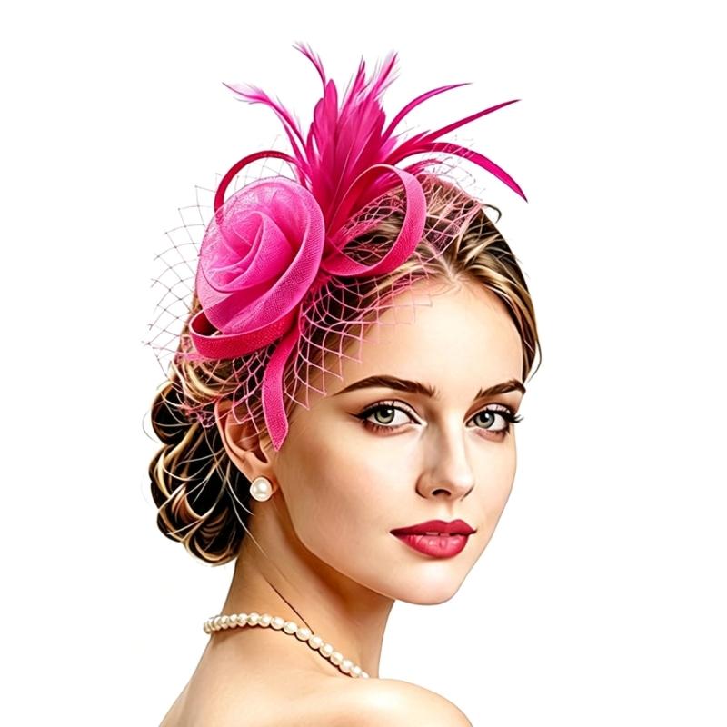 Race Day Fascinator Headpiece with 3D Flower, Feather Decors, Netted Veil and Clip-and-Headband Attachment for Cocktails Party