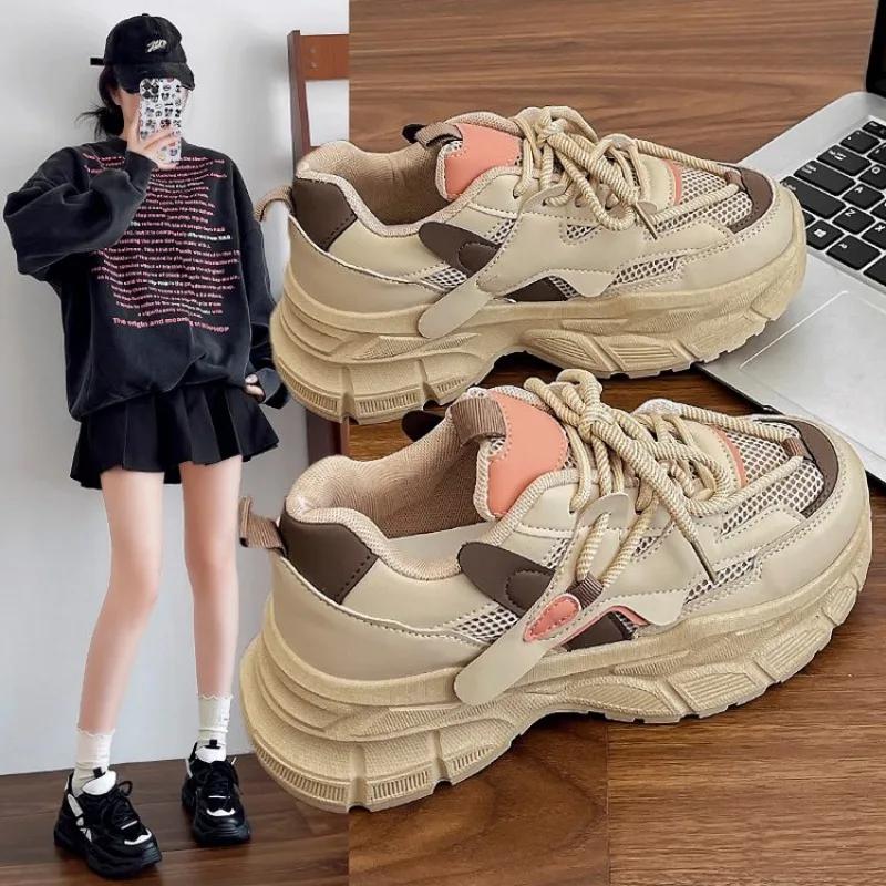 Women Trendy Color-blocked Brand Design Thick-soled Sneakers New Fashion Lace-up Mesh Breathable Tennis Shoes Mujer Zapatos