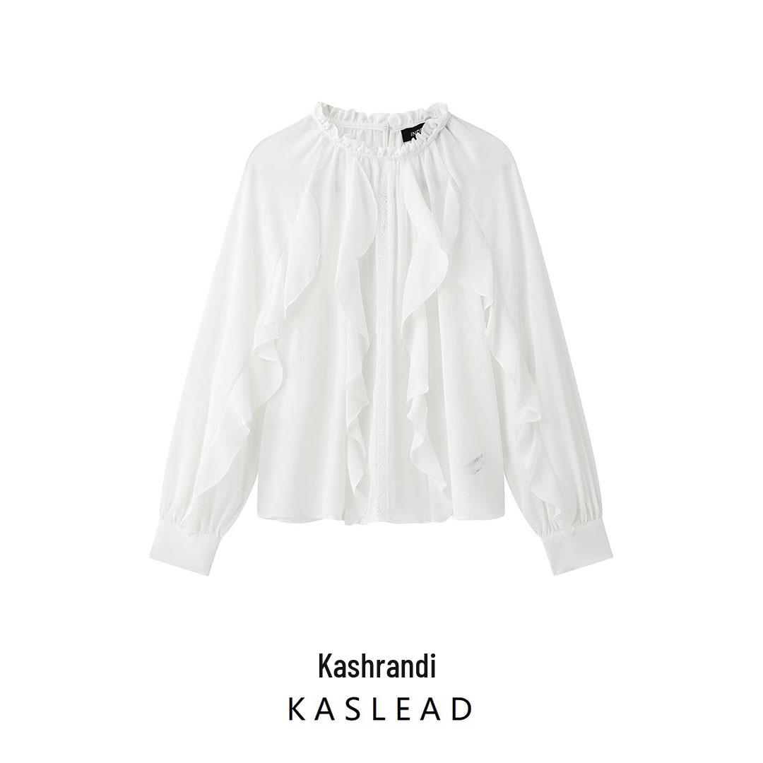 

2025 Spring Women s Stand Collar Long Sleeve Shirt with Layered Trim - European and American Style Small білий