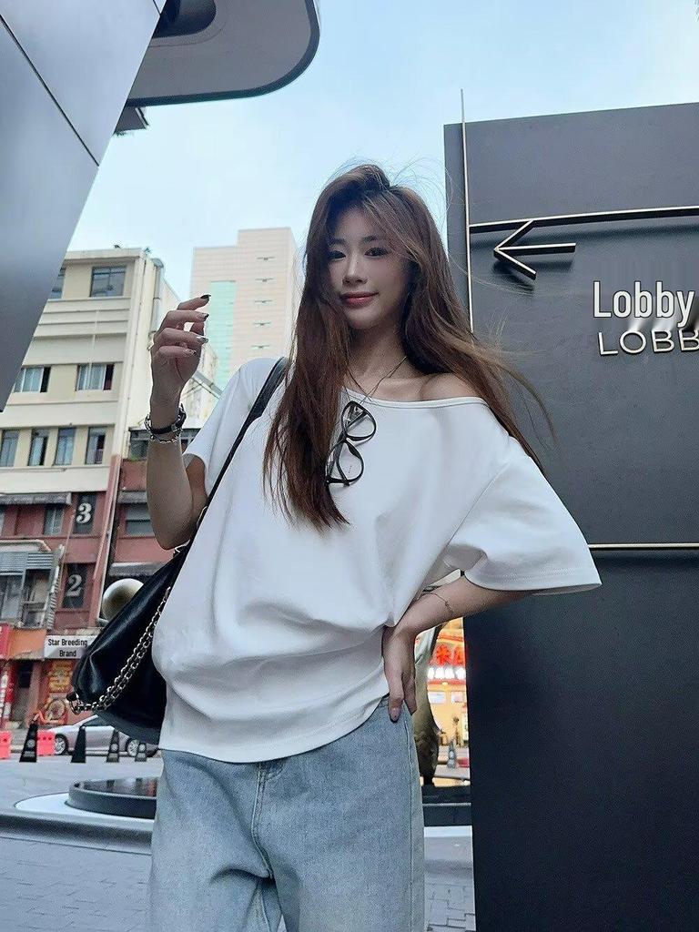 Spicy Girl Asymmetrical Neck Short-Sleeve T-Shirt - Women's Summer 2025 Korean Style Loose Slimming Top