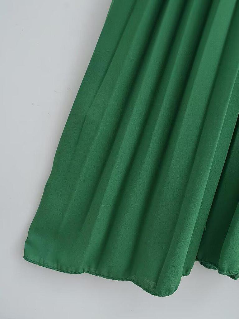 2025 Spring/Autumn Women's Fashion Crew Neck Long Sleeve Belted Pleated Maxi Dress