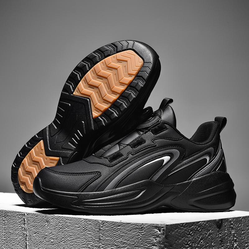 Waterproof Leather Sports Shoes for Men with Rotating Buttons, No Need to Tie Laces, Non-Slip, Large Size Youth Running Shoes