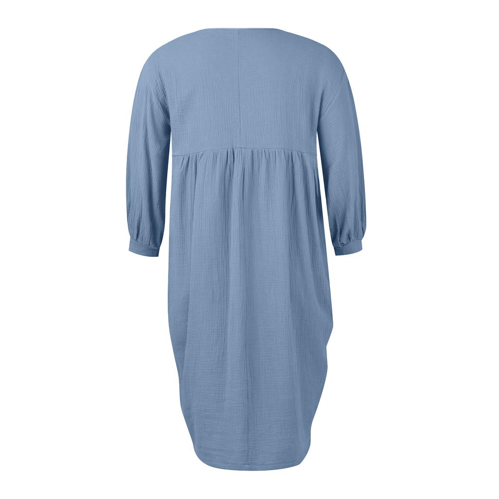 Dámské ležérní volnočasové jednobarevné šaty s kapsou, výstřihem do V a plisováním, s krátkým balónovým rukávem a dlouhým rukávem, bavlněné, elegantního střihu