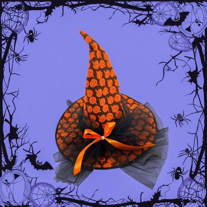 Eye Catching Witch Hat With Mesh Panel Halloween Party Wear Practical Fabric Cosplay Props Costume Accessory