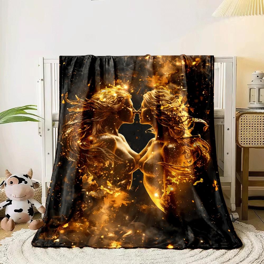 Two golden female figures facing each other, surrounded by glowing sparks. for all seasons blanket lunch break throw gift 80cm x 120cm