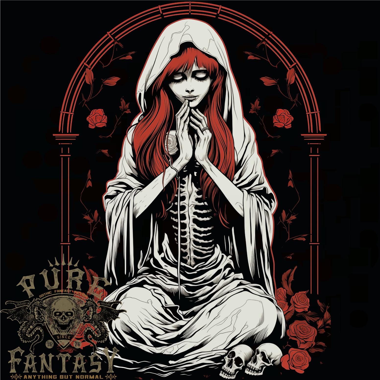 26 Fantasy Anime Girl Praying With Skulls & Roses Mens T-Shirt 100% Cotton Unisex T-Shirt XXL