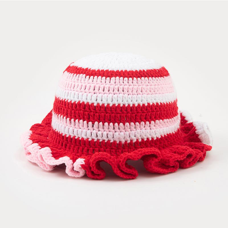 New Colorful Crochet Ruffle Brim Knit Bucket Hats Winter Woman Handmade Stretch Fisherman Cap Outdoor Warm Windproof Beanie Hat