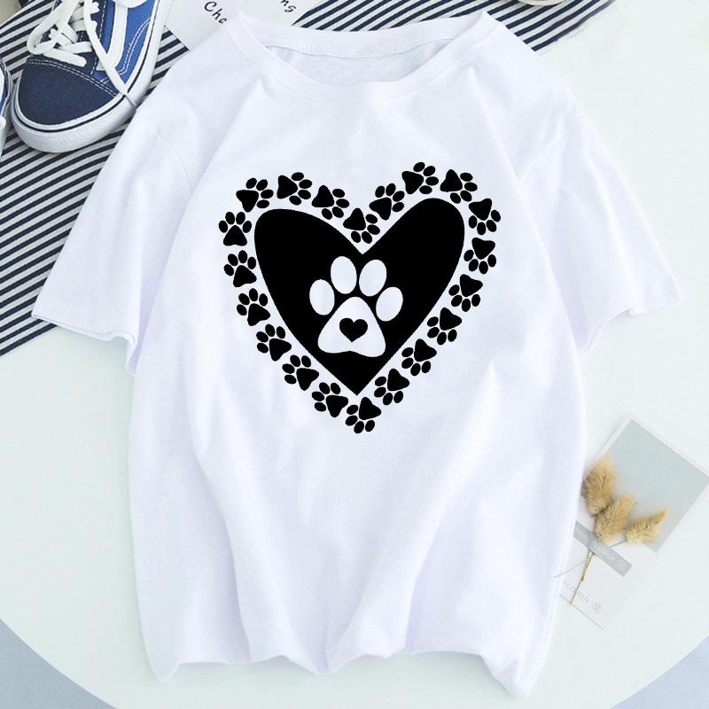 Women Dog Paw Print Short Sleeve Fashion Printed Summer Lady Womens Clothing Tops T-Shirt Shirt Tees Female T Shirt