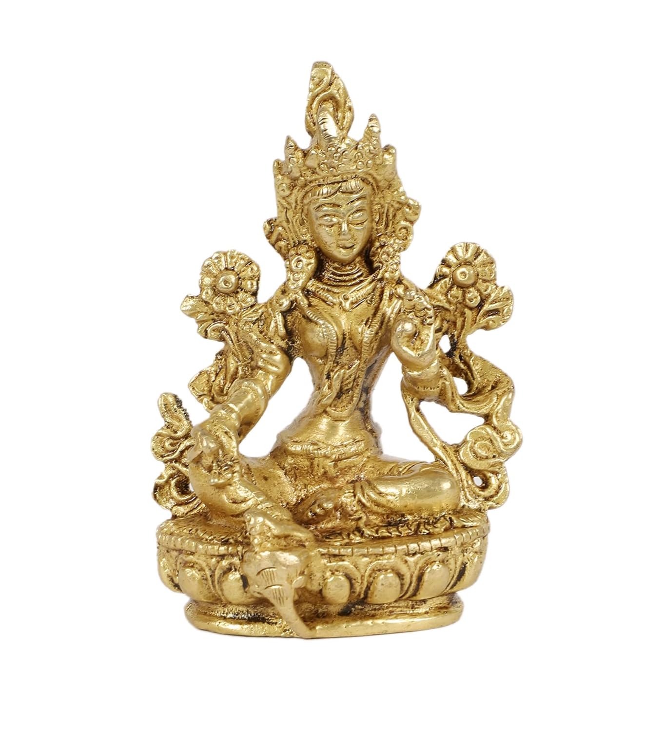 Идол богини Тары Деви, Буддийская богиня Тара Статуя, Золото, Латунь - 3,5 дюйма