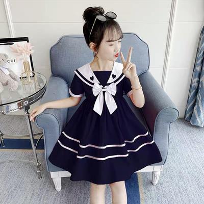 Sommerliches Prinzessinnenkleid mit marineblauem Kragen für Mädchen – koreanischer Stil für mittelgroße und große Kinder