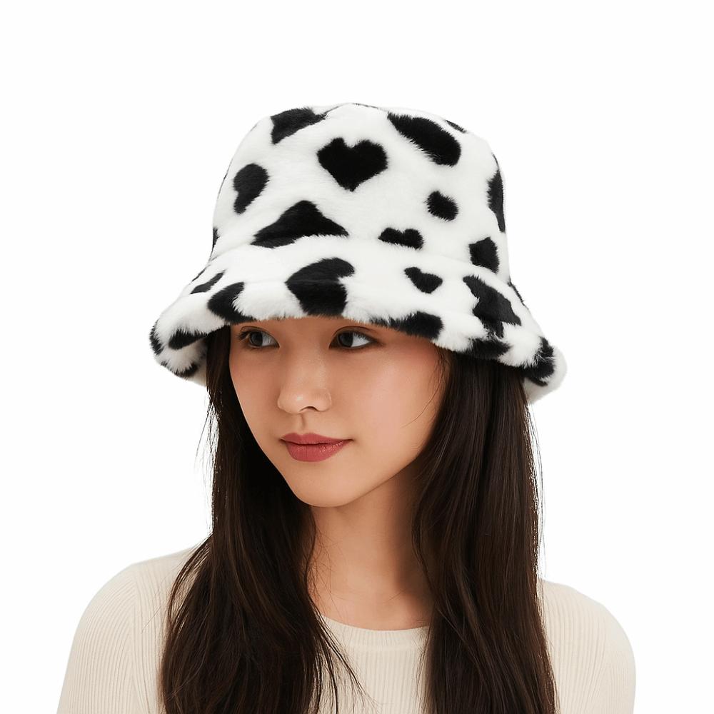 Fluffy Plush Fisherman Hat Thicken Winter Plush Hat Cute Love Heart Bucket Hat  Girl