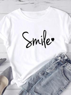 Simple Style Smile Letter Print T Shirt Women Short Sleeve O Neck Loose Tshirt Ladies Tee Shirt Tops Clothes Camisetas Mujer