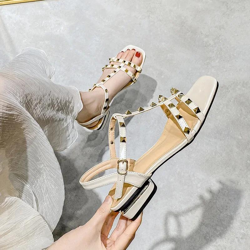 Women Modern Sandals Summer New Luxury Beautiful Rivet Band Leather Casual High Heels Shoes Sweet Pumps Big Size