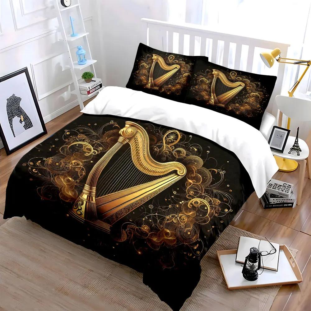 "Elegant Golden Harp Trio Decor" Soft Comfortable Duvet Cover Bedding Set Included 1*Duvet Cover & 2*Pillowcases, gift