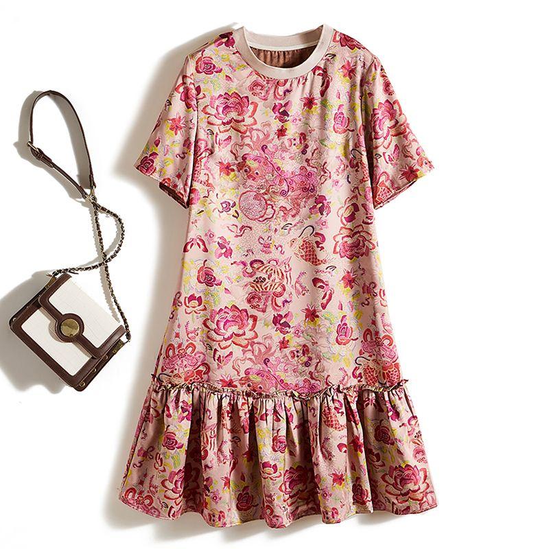 

Нежное Элегантное Женское Платье Розовый Принт Сатин Поплин Шелк Плиссе Рыбий Хвост Круглый Вырез Короткий Рукав Супер Белый Pink 3XL