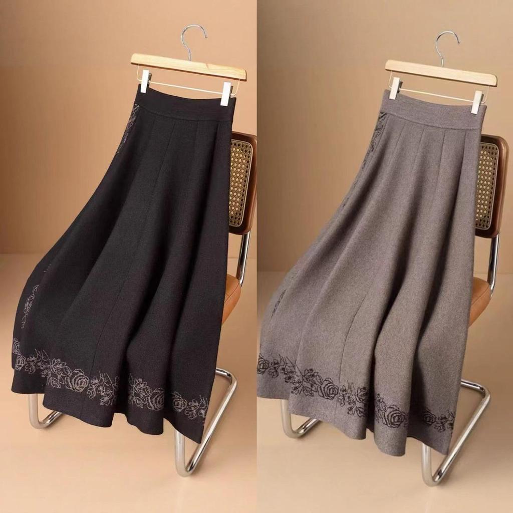 Women's High Waist A-line Knit Wool Midi Skirt