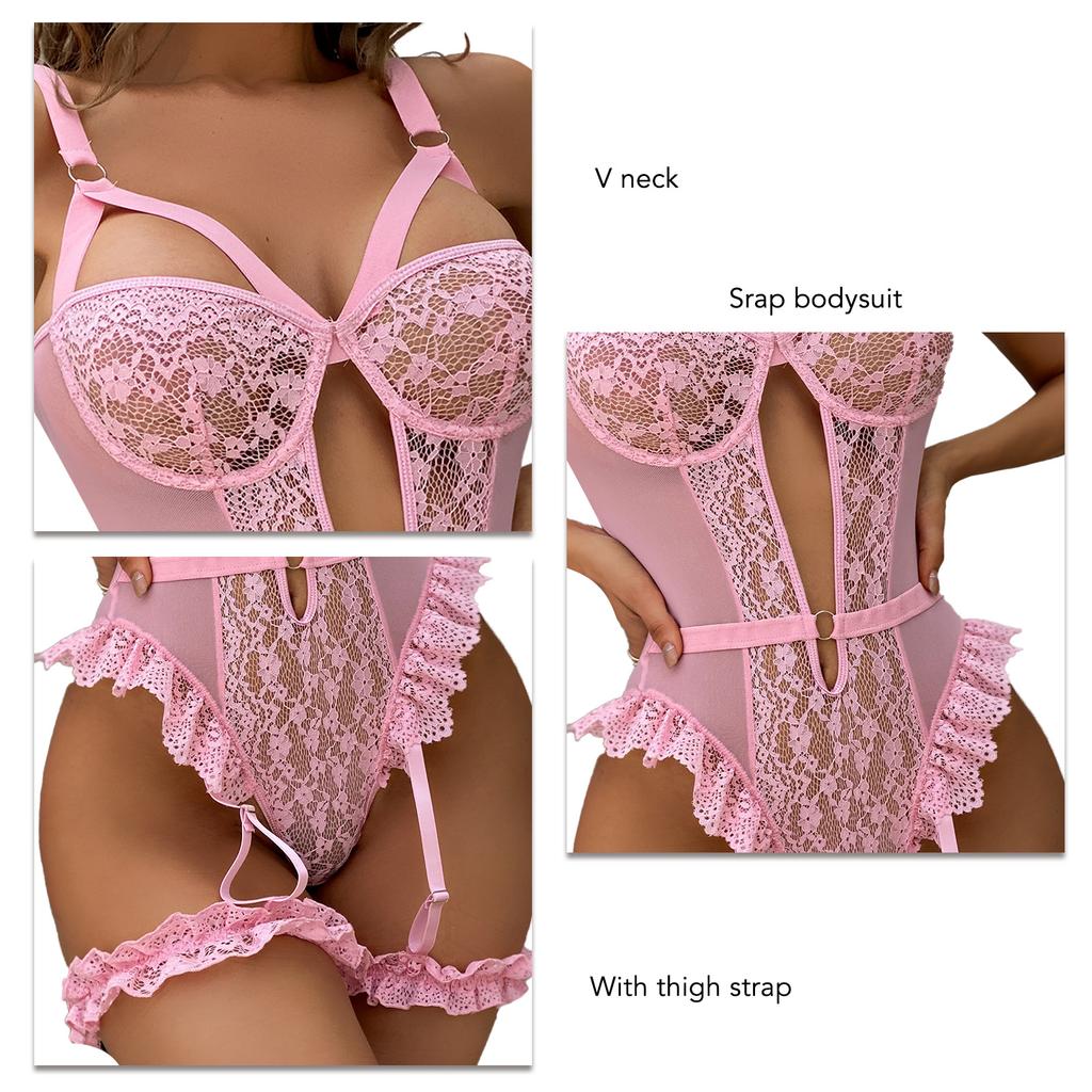 Women Lace One Piece Lingerie Stylish Elegant Breathable Mesh Backless Strap Bodysuit with Thigh Strap Pink S
