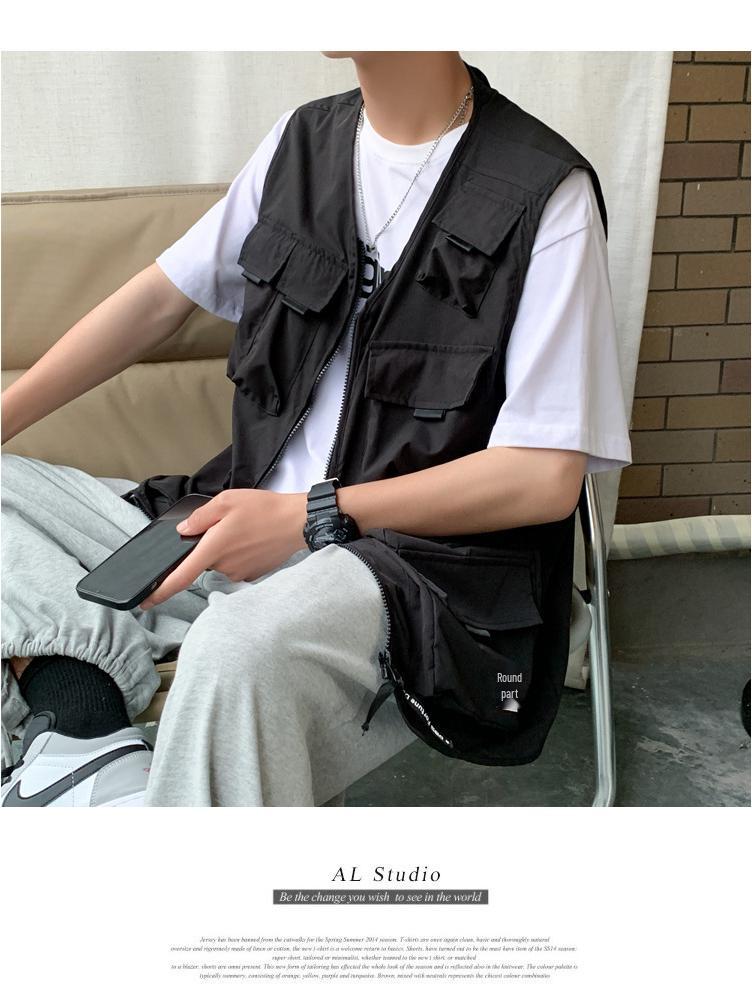Korean Trend Men's Multi-Pocket Workwear Vest - Summer Loose-Fit Sleeveless Waistcoat