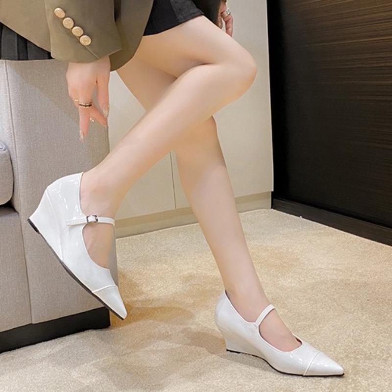 

Fashion Colorblock Wedge Patent Leather Single Shoes Summer New Fashion Pointed Toe Shallow Mouth Slip Strap Non-Slip Heels 35 белый